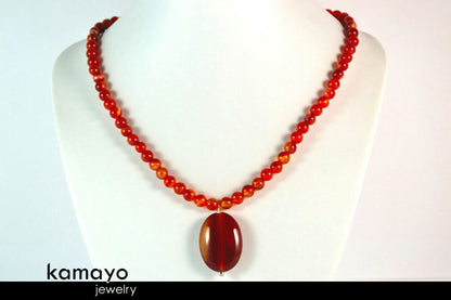 RED AGATE NECKLACE - Natural Oval Pendant and Round Beads